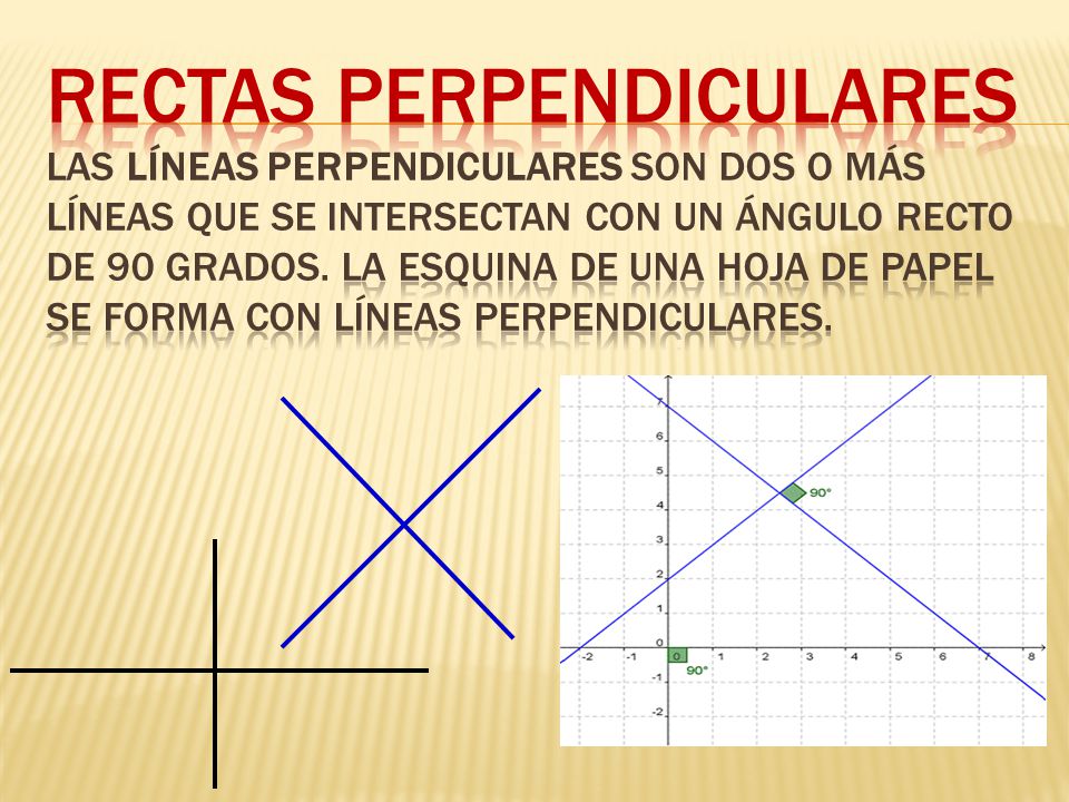 Rectas Perpendiculares Las líneas perpendiculares son dos o más líneas que se intersectan con un ángulo recto de 90 grados.