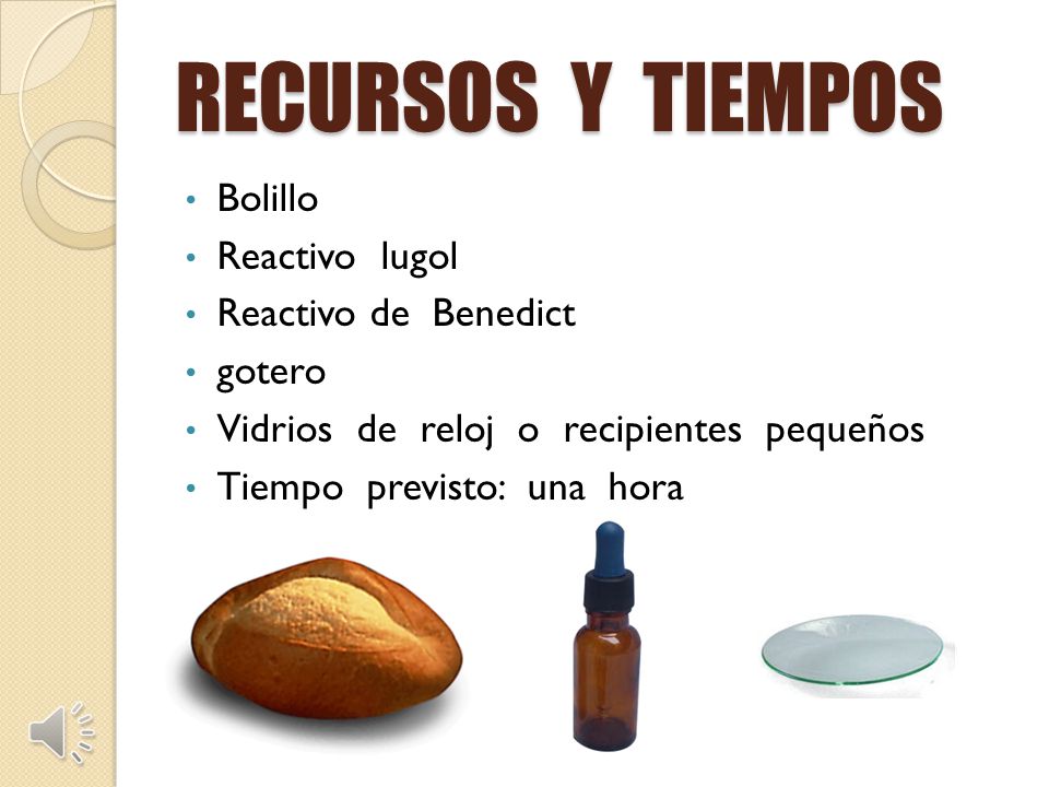 RECURSOS Y TIEMPOS Bolillo Reactivo lugol Reactivo de Benedict gotero