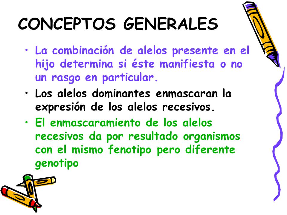 CONCEPTOS GENERALES La combinación de alelos presente en el hijo determina si éste manifiesta o no un rasgo en particular.