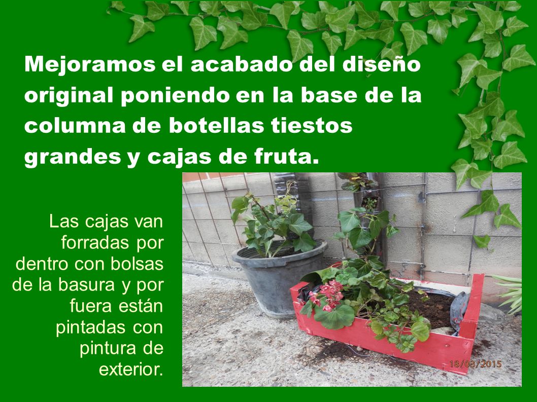 Mejoramos el acabado del diseño original poniendo en la base de la columna de botellas tiestos grandes y cajas de fruta.