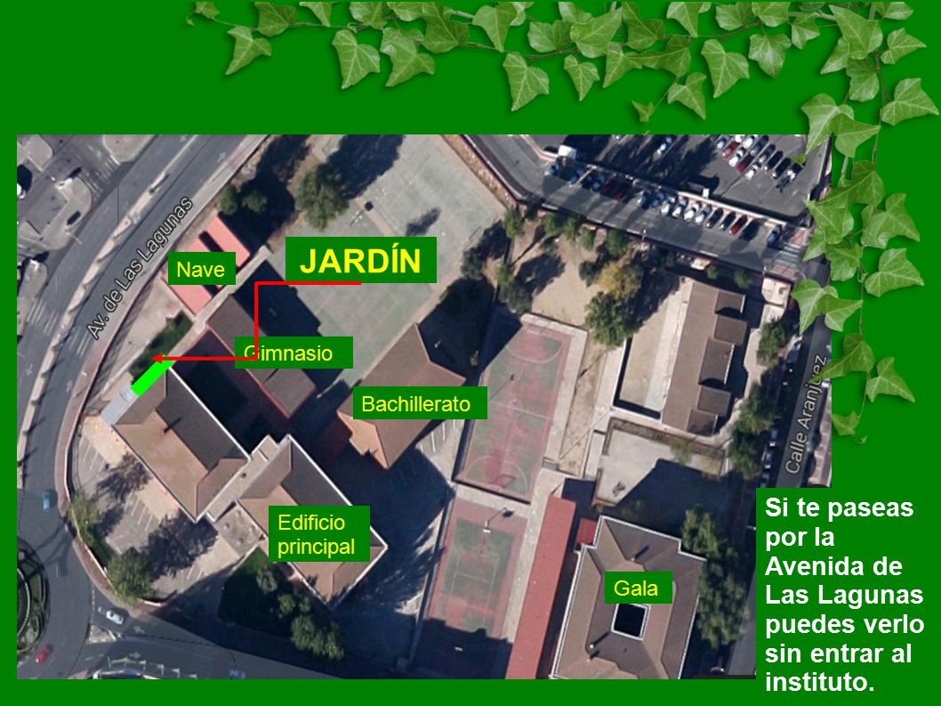 JARDÍN Nave. Gimnasio. Bachillerato. Si te paseas por la Avenida de Las Lagunas puedes verlo sin entrar al instituto.