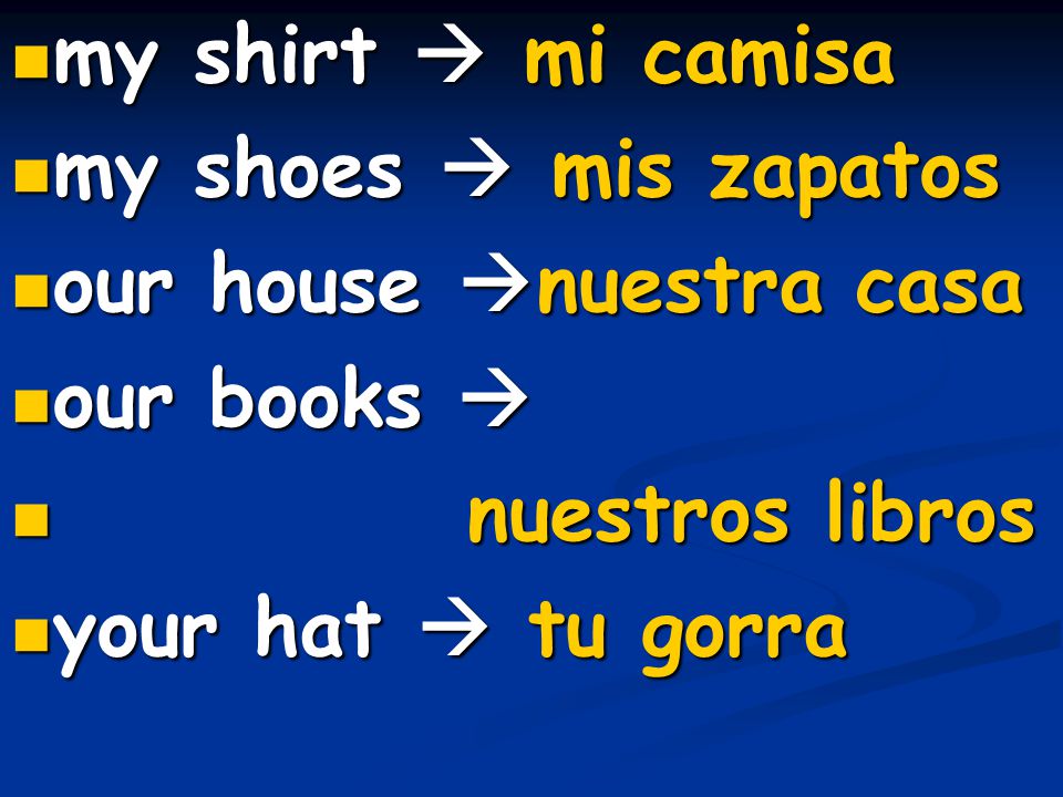 my shirt  mi camisa my shoes  mis zapatos. our house nuestra casa. our books  nuestros libros.