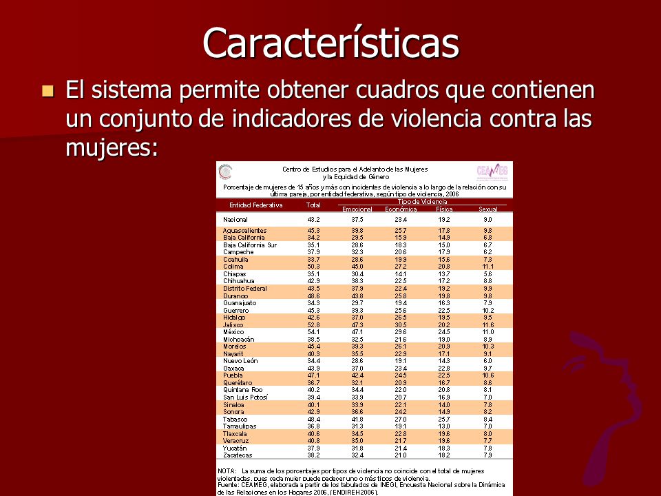 Características El sistema permite obtener cuadros que contienen un conjunto de indicadores de violencia contra las mujeres: