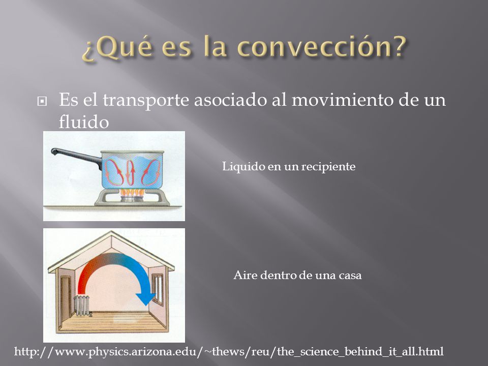 ¿Qué es la convección Es el transporte asociado al movimiento de un fluido. Liquido en un recipiente.
