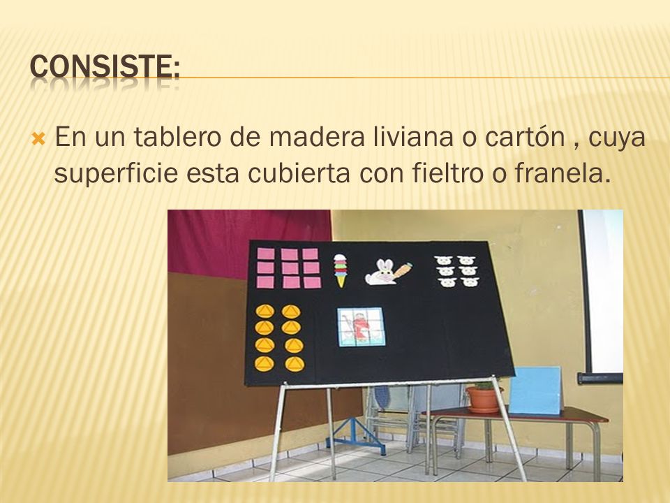 Consiste: En un tablero de madera liviana o cartón , cuya superficie esta cubierta con fieltro o franela.
