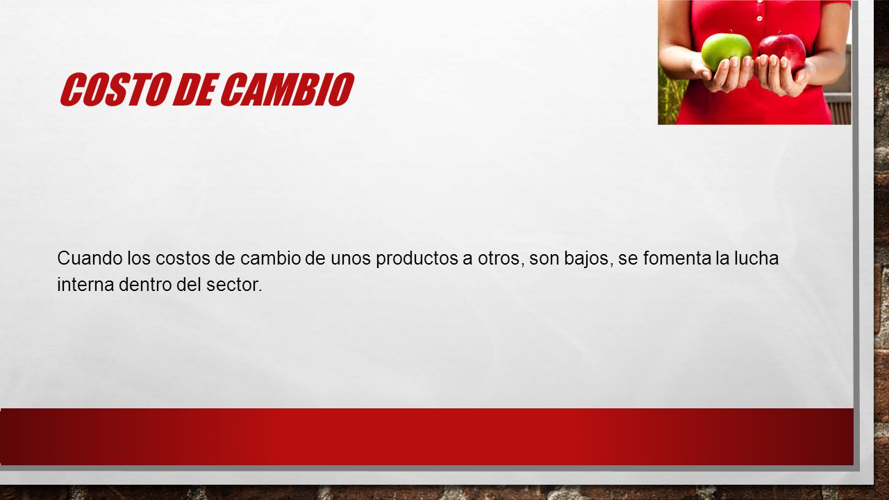 Costo de cambio Cuando los costos de cambio de unos productos a otros, son bajos, se fomenta la lucha interna dentro del sector.