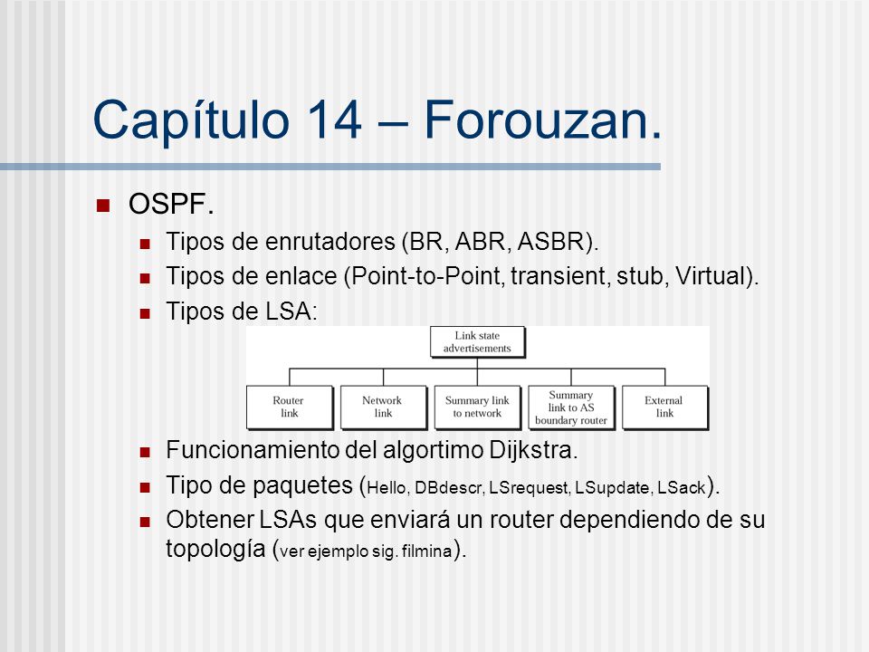 Capítulo 14 – Forouzan. OSPF. Tipos de enrutadores (BR, ABR, ASBR).