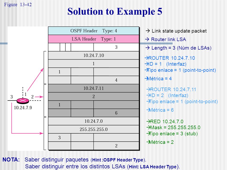Figure Solution to Example 5.  Link state update packet.  Router link LSA.  Length = 3 (Núm de LSAs)