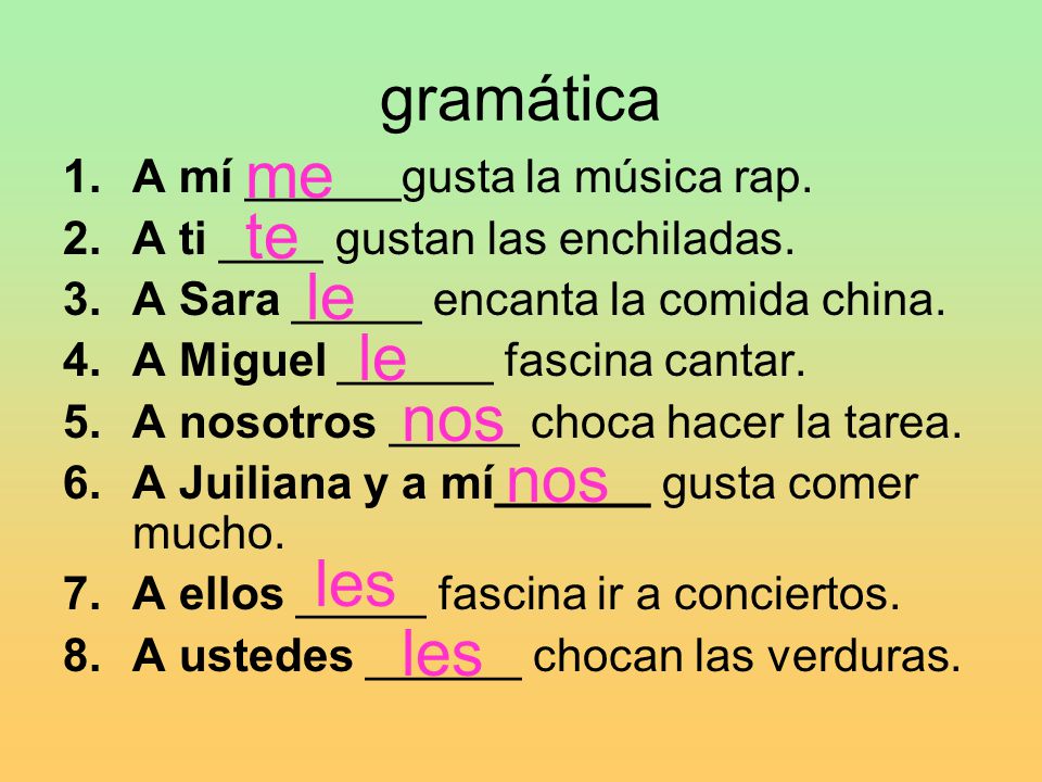 me te le le nos nos les les gramática A mí ______gusta la música rap.
