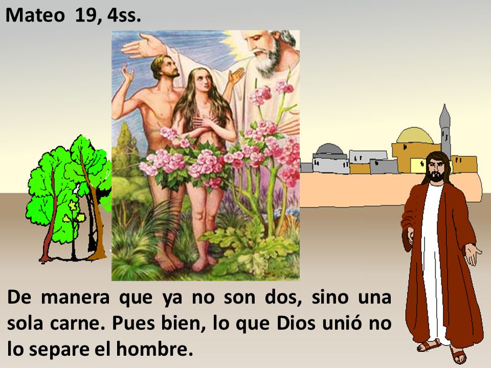 Mateo 19, 4ss. De manera que ya no son dos, sino una sola carne.