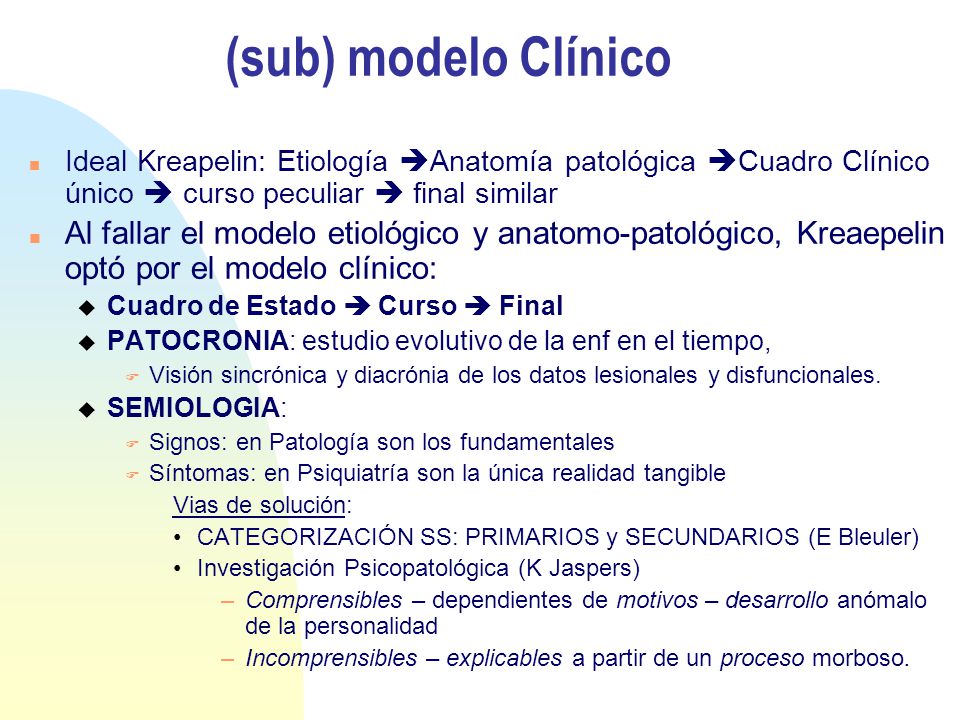 (sub) modelo Clínico Ideal Kreapelin: Etiología Anatomía patológica Cuadro Clínico único  curso peculiar  final similar.
