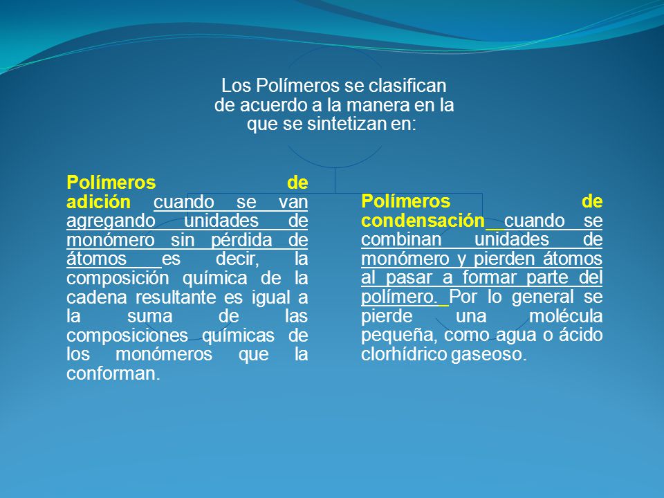 Los Polímeros se clasifican de acuerdo a la manera en la que se sintetizan en: