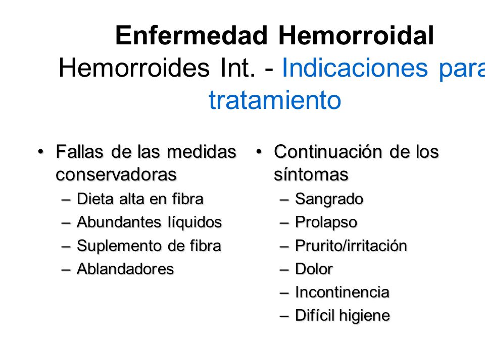 Enfermedad Hemorroidal Hemorroides Int. - Indicaciones para tratamiento