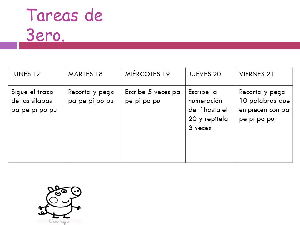 Tareas de 3ero. LUNES 17 MARTES 18 MIÉRCOLES 19 JUEVES 20 VIERNES 21