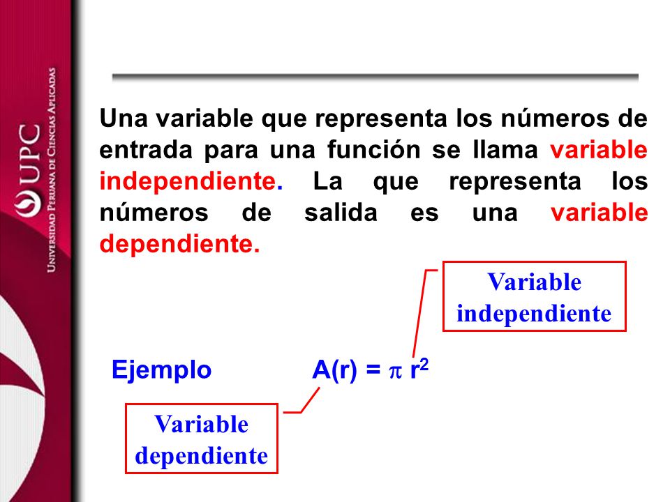 Una variable que representa los números de entrada para una función se llama variable independiente. La que representa los números de salida es una variable dependiente.