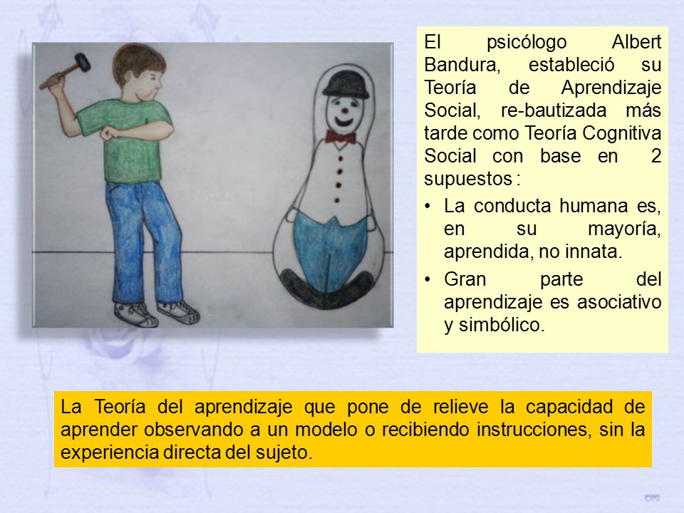 El psicólogo Albert Bandura, estableció su Teoría de Aprendizaje Social, re-bautizada más tarde como Teoría Cognitiva Social con base en 2 supuestos :