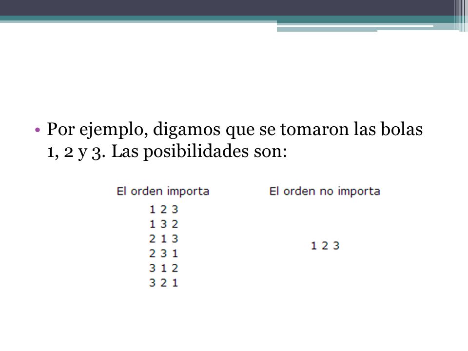 Por ejemplo, digamos que se tomaron las bolas 1, 2 y 3