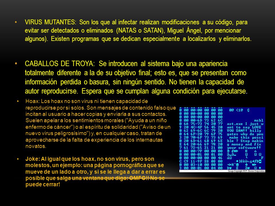 VIRUS MUTANTES: Son los que al infectar realizan modificaciones a su código, para evitar ser detectados o eliminados (NATAS o SATAN), Miguel Ángel, por mencionar algunos). Existen programas que se dedican especialmente a localizarlos y eliminarlos.