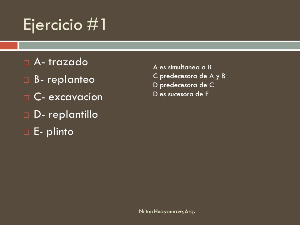 Ejercicio #1 A- trazado B- replanteo C- excavacion D- replantillo
