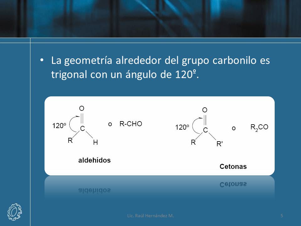 La geometría alrededor del grupo carbonilo es trigonal con un ángulo de 120º.