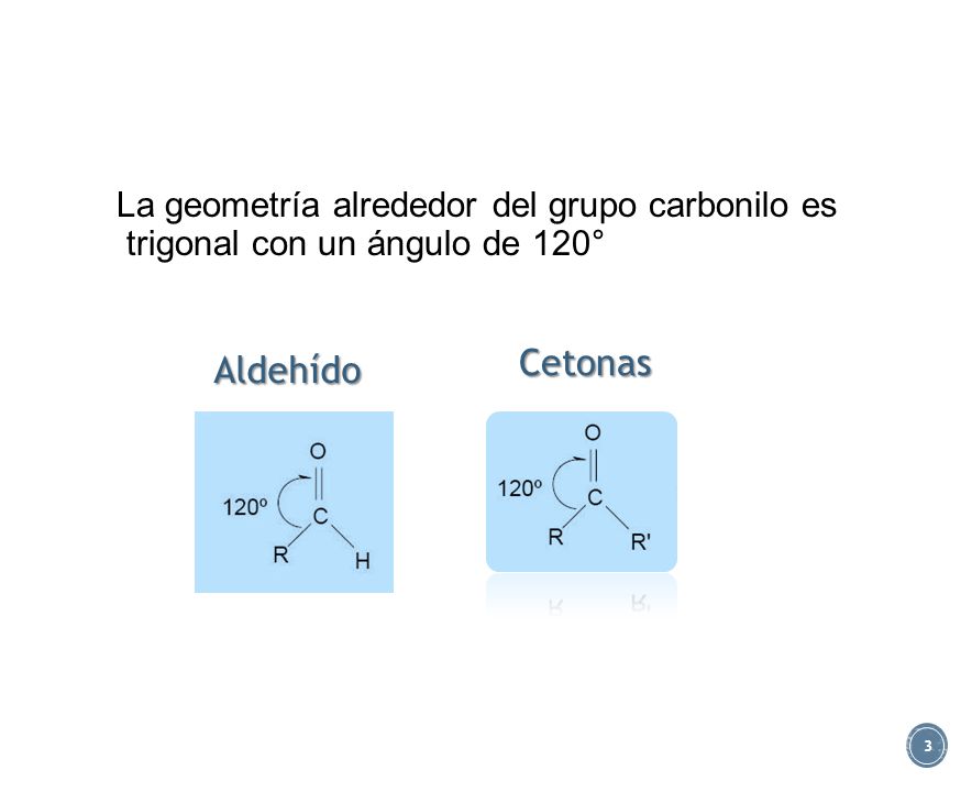 La geometría alrededor del grupo carbonilo es trigonal con un ángulo de 120°