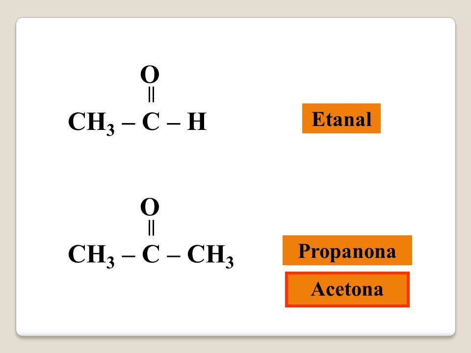 O CH3 – C – H Etanal O CH3 – C – CH3 Propanona Acetona