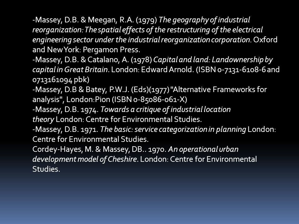 -Massey, D.B. & Meegan, R.A. (1979) The geography of industrial reorganization: The spatial effects of the restructuring of the electrical engineering sector under the industrial reorganization corporation. Oxford and New York: Pergamon Press.