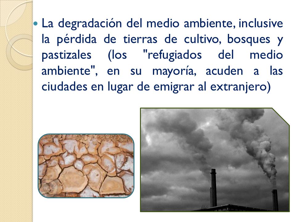 La degradación del medio ambiente, inclusive la pérdida de tierras de cultivo, bosques y pastizales (los refugiados del medio ambiente , en su mayoría, acuden a las ciudades en lugar de emigrar al extranjero)