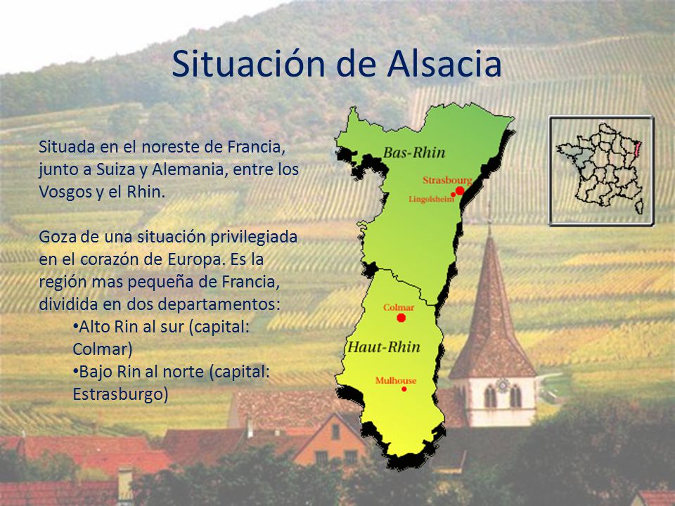 Situación de Alsacia Situada en el noreste de Francia, junto a Suiza y Alemania, entre los Vosgos y el Rhin.