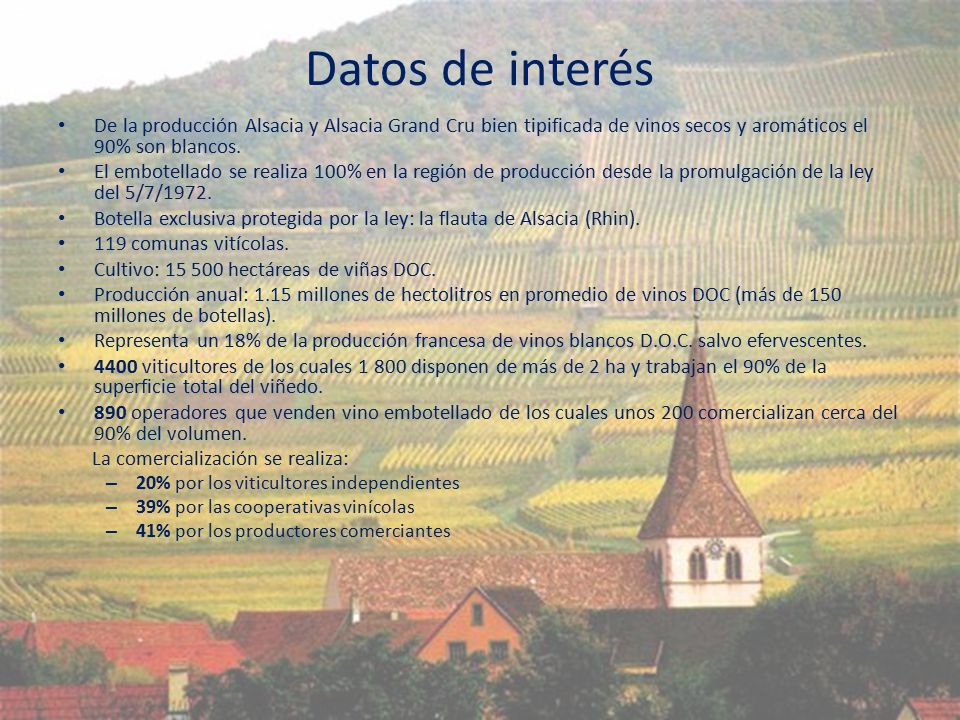 Datos de interés De la producción Alsacia y Alsacia Grand Cru bien tipificada de vinos secos y aromáticos el 90% son blancos.