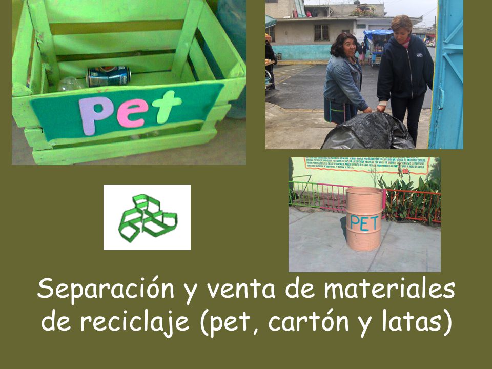 Separación y venta de materiales de reciclaje (pet, cartón y latas)
