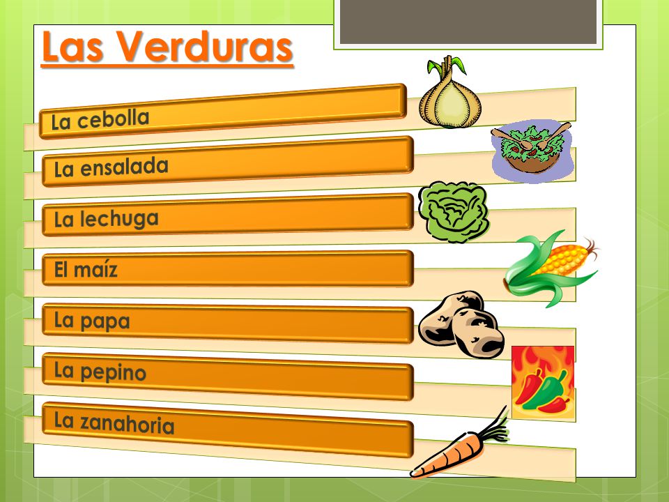 Las Verduras La cebolla La ensalada La lechuga El maíz La papa