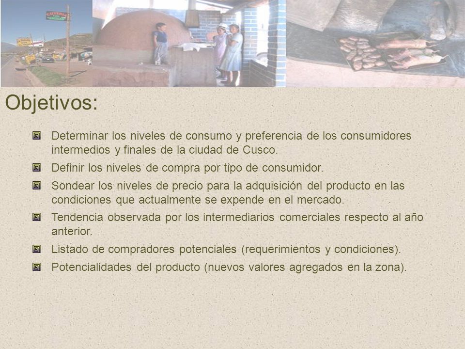 Objetivos: Determinar los niveles de consumo y preferencia de los consumidores intermedios y finales de la ciudad de Cusco.