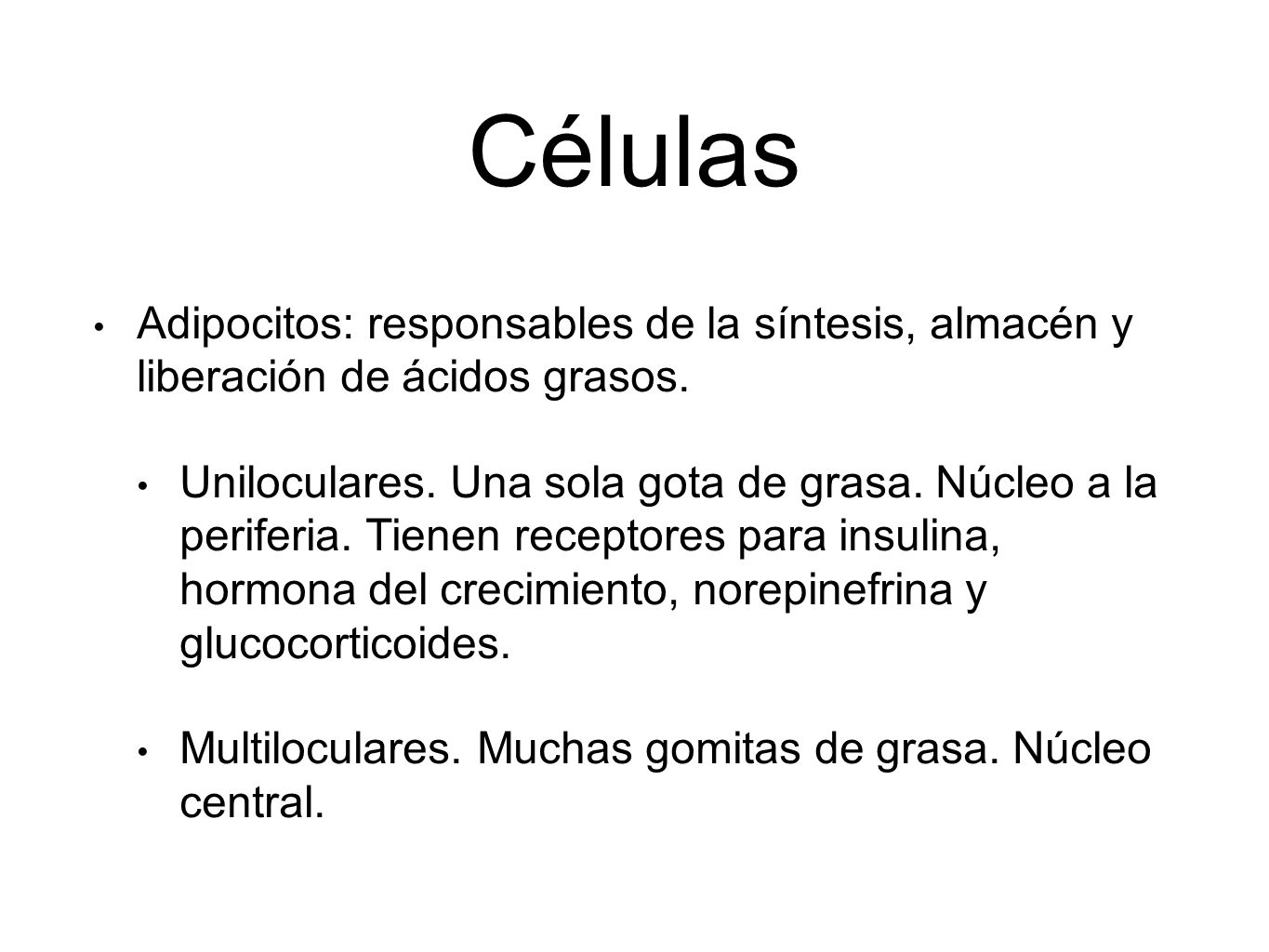 Células Adipocitos: responsables de la síntesis, almacén y liberación de ácidos grasos.