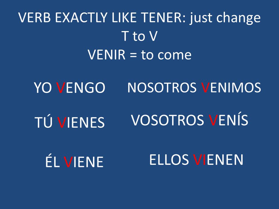 VERB EXACTLY LIKE TENER: just change T to V VENIR = to come