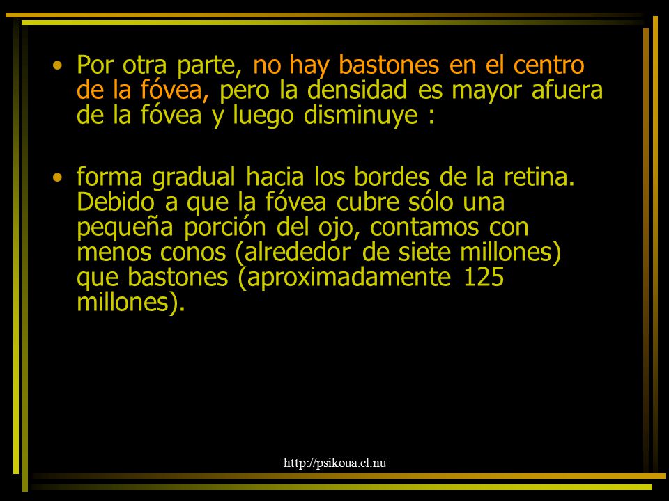 Por otra parte, no hay bastones en el centro de la fóvea, pero la densidad es mayor afuera de la fóvea y luego disminuye :