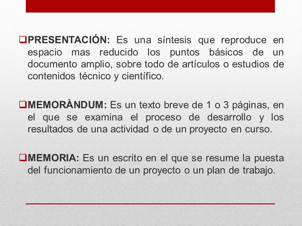 PRESENTACIÓN: Es una síntesis que reproduce en espacio mas reducido los puntos básicos de un documento amplio, sobre todo de artículos o estudios de contenidos técnico y científico.