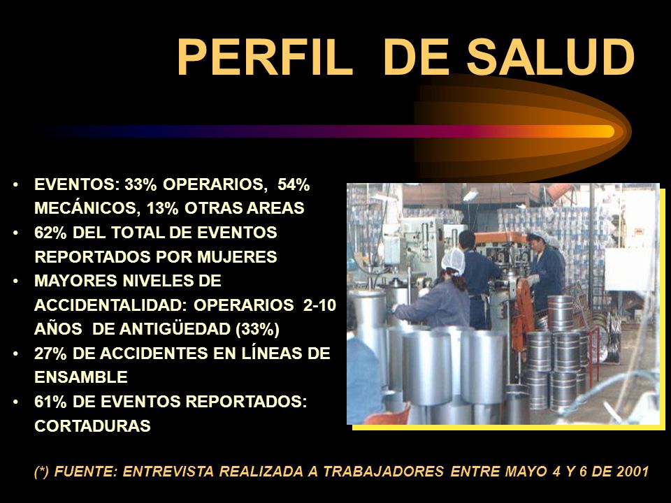 PERFIL DE SALUD EVENTOS: 33% OPERARIOS, 54% MECÁNICOS, 13% OTRAS AREAS
