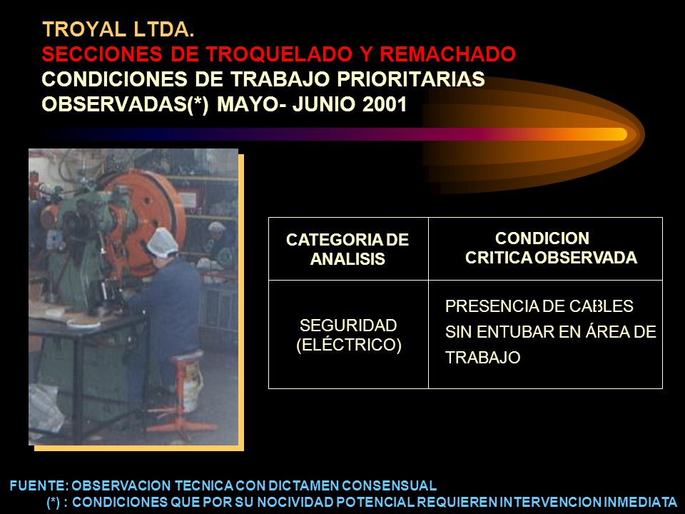 TROYAL LTDA. SECCIONES DE TROQUELADO Y REMACHADO CONDICIONES DE TRABAJO PRIORITARIAS OBSERVADAS(*) MAYO- JUNIO 2001