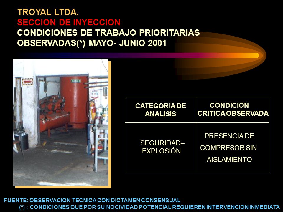 TROYAL LTDA. SECCION DE INYECCION CONDICIONES DE TRABAJO PRIORITARIAS OBSERVADAS(*) MAYO- JUNIO 2001