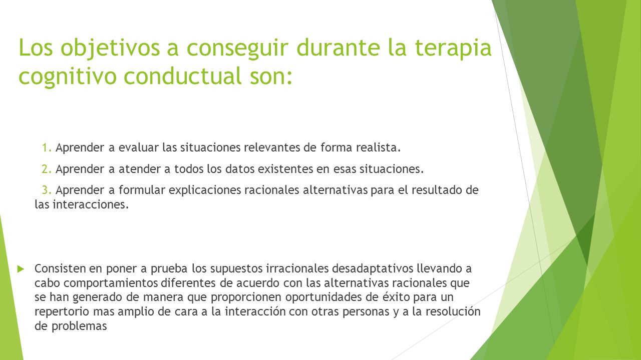 Los objetivos a conseguir durante la terapia cognitivo conductual son: