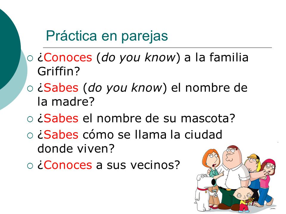 Práctica en parejas ¿Conoces (do you know) a la familia Griffin