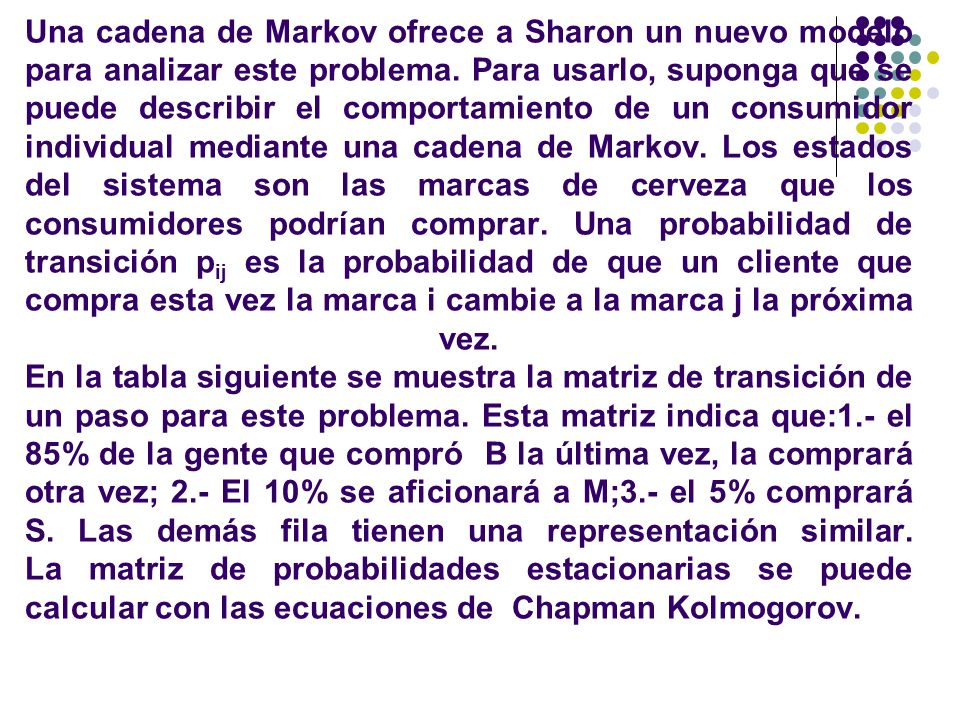 Una cadena de Markov ofrece a Sharon un nuevo modelo para analizar este problema.