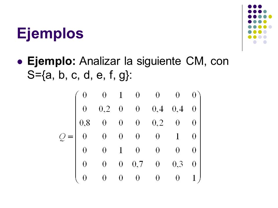 Ejemplos Ejemplo: Analizar la siguiente CM, con S={a, b, c, d, e, f, g}: