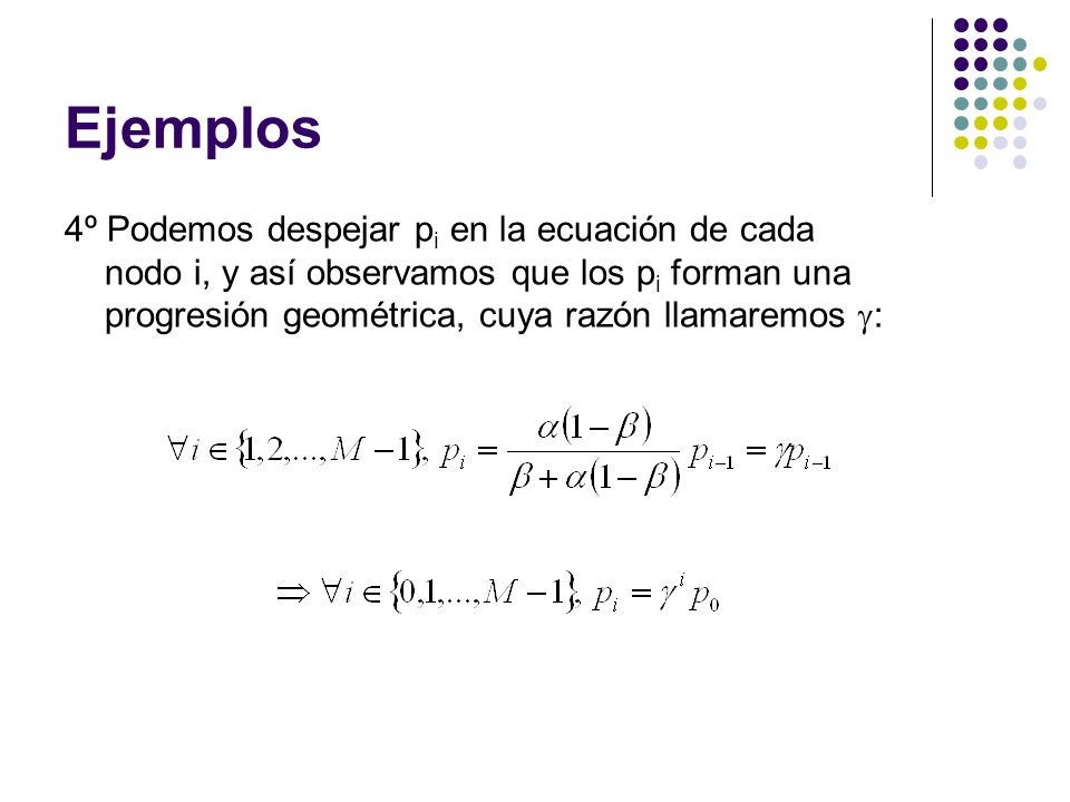Ejemplos 4º Podemos despejar pi en la ecuación de cada nodo i, y así observamos que los pi forman una progresión geométrica, cuya razón llamaremos :