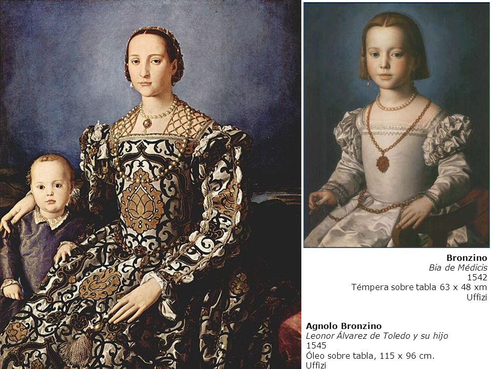 Bronzino Bia de Médicis Témpera sobre tabla 63 x 48 xm. Uffizi. Agnolo Bronzino. Leonor Álvarez de Toledo y su hijo.