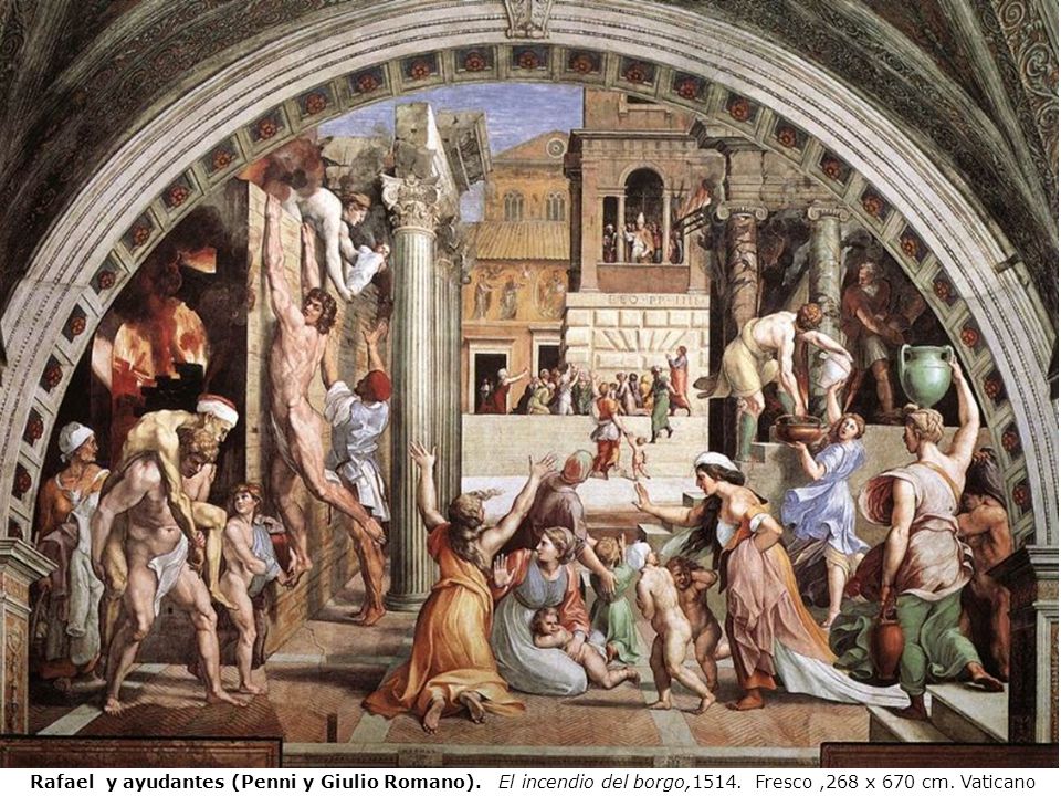 Rafael y ayudantes (Penni y Giulio Romano). El incendio del borgo,1514