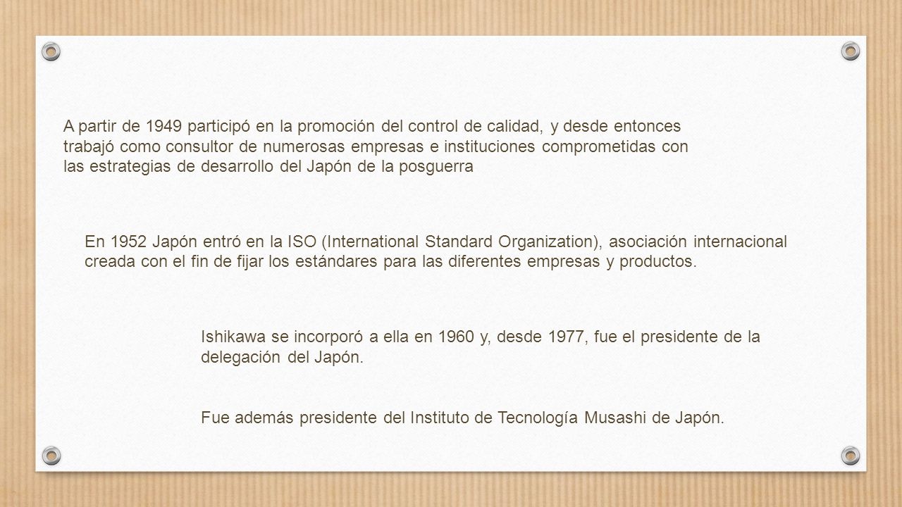 A partir de 1949 participó en la promoción del control de calidad, y desde entonces trabajó como consultor de numerosas empresas e instituciones comprometidas con las estrategias de desarrollo del Japón de la posguerra