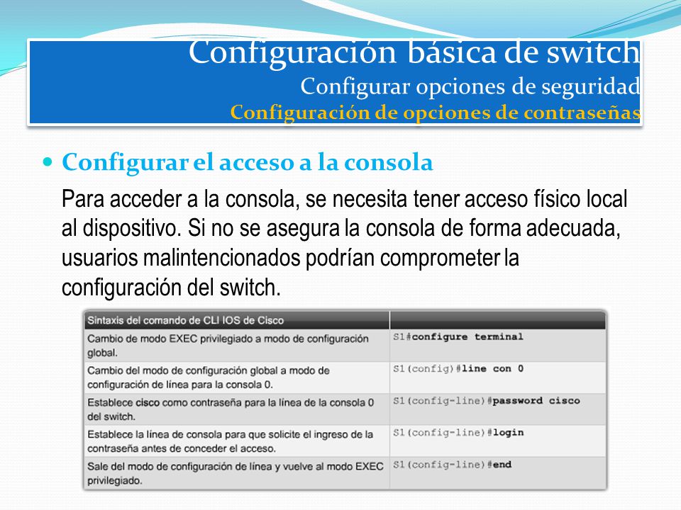 Configuración básica de switch Configurar opciones de seguridad Configuración de opciones de contraseñas