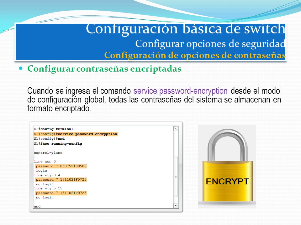 Configuración básica de switch Configurar opciones de seguridad Configuración de opciones de contraseñas